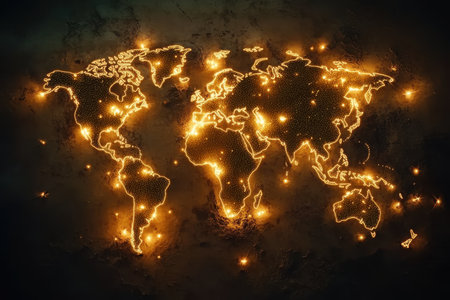 A detailed representation of the world map illuminated by glowing lines and points of light, symbolizing global connections and networks. The visual shines brightly against a dark background.の素材