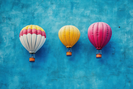 Three hot air balloons in red, yellow, and white are suspended against a vivid blue wall, creating a playful and lively atmosphere in an urban space.の素材