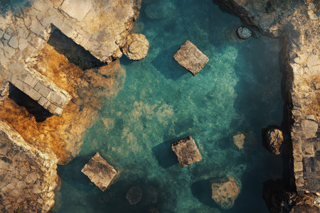 Aerial perspective reveals ancient stone structures submerged in turquoise water, showcasing the remnants of a historical site near a coast during daylight.の素材