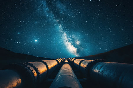 Long metal pipes stretch across a dark landscape, illuminated under the brilliant glow of the Milky Way and countless stars above, creating a stunning celestial view.の素材