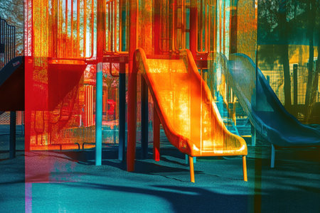 Brightly colored playground slides stand empty in the afternoon sun, casting vibrant reflections on the ground, creating a playful and inviting atmosphere for children.の素材