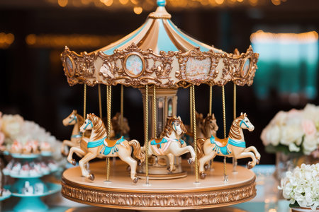 This stunning carousel cake centerpiece showcases intricately designed horses, adding charm and whimsy to a festive celebration, creating a magical atmosphere for guests.の素材