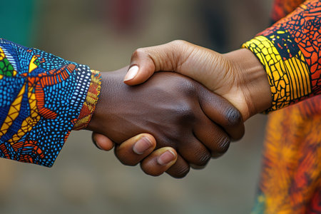 Individuals are shaking hands, wearing colorful traditional clothing with intricate designs. This gesture displays unity and mutual respect in a culturally rich setting.の素材