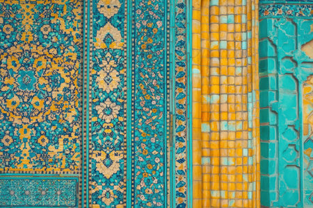 The bright, ornate tilework features detailed floral designs and rich colors, enhancing the architectural beauty of the historic building. Sunlight illuminates the vibrant patterns.の素材