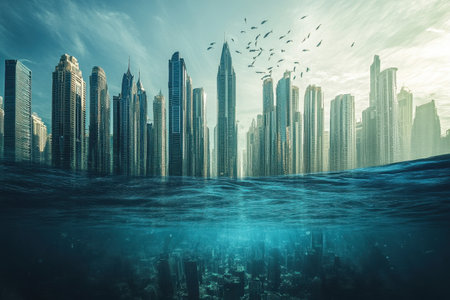 A stunning view reveals a modern city skyline partially underwater, with towering skyscrapers rising above the water's surface while fish swim below, creating an eerie yet captivating atmosphere.の素材
