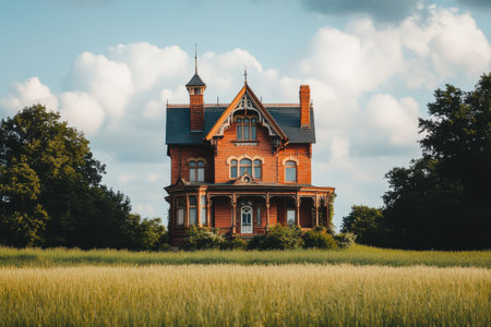 A striking vintage house stands proudly in a field, showcasing intricate architectural details. Lush grass sways gently, while a picturesque sky filled with clouds enhances the serene atmosphere.の素材