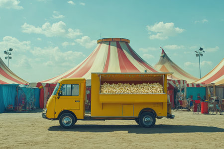 A yellow popcorn truck is stationed at a lively carnival, filled to the brim with freshly popped popcorn. Colorful tents and a clear blue sky create a festive atmosphere.の素材
