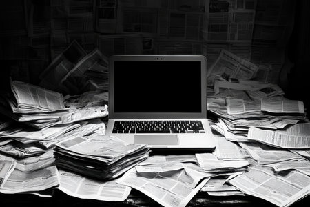 A laptop sits prominently on a cluttered desk full of stacked and scattered newspapers. The low light creates a stark contrast, emphasizing the disarray in the workspace.の素材
