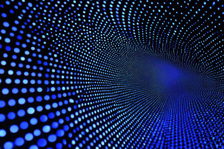 A digital tunnel made of blue dots stretches into the distance, creating a sense of depth and movement. This design conveys a futuristic and immersive experience within a vibrant atmosphere.の素材