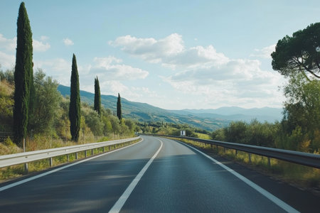A winding road stretches through the picturesque Tuscan landscape, lined with tall cypress trees under a clear blue sky. Rolling hills and distant mountains add charm to the view.の素材