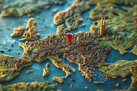 A 3D rendition of Europe highlights major cities and landmarks, featuring intricate details of architecture and geography, showcasing a specific location with a bold pin.の素材