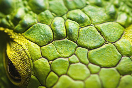 A vibrant green amphibian is highlighted in a close-up view, displaying its distinctive textured scales and patterns. The unique coloration adds to the fascinating details of the creature.の素材