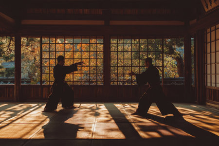 In a tranquil dojo illuminated by warm sunlight, two martial artists engage in a focused practice, casting long shadows against the backdrop of autumn trees.の素材