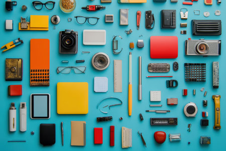 Various office supplies and vintage items are neatly organized on a vibrant blue surface, showcasing different shapes and colors that capture attention.の素材