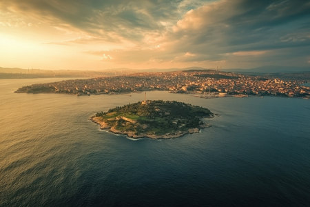 The sun sets dramatically over a small island, casting golden hues across the water. A lively city skyline is visible in the background, showcasing the vibrancy of the coastal area.の素材