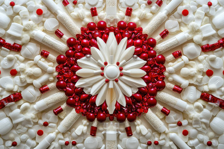 Various red and white items are meticulously arranged in a circular pattern, featuring an elaborate flower design at the center. The vibrant colors create a striking visual effect.の素材
