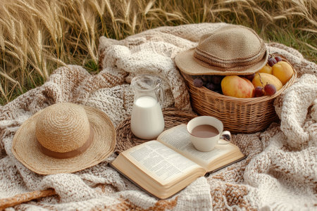 A cozy picnic is arranged on a blanket spread across a wheat field. Soft hats rest beside a basket filled with fresh fruit, a cup of tea, and a book inviting relaxation.の素材