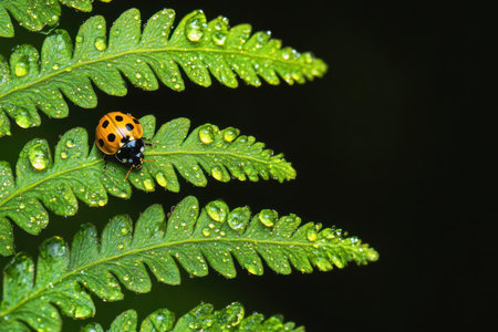 A yellow ladybug with black spots is perched on a vibrant green fern leaf adorned with water droplets, depicting the beauty of nature after rain in a garden setting.の素材