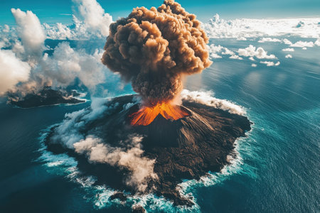 A powerful volcanic eruption sends an enormous cloud of ash and smoke high into the sky above a remote oceanic area, with islands visible in the distance under bright blue skies.の素材