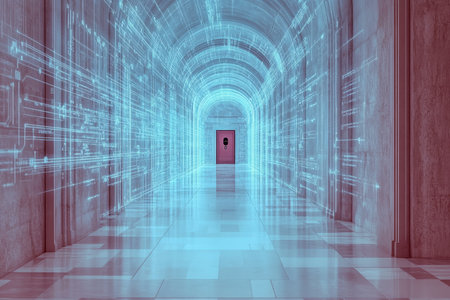 A futuristic corridor features luminescent data streams flowing along the walls, directing attention towards a locked door at the end, evoking a sense of mystery and technology.の素材