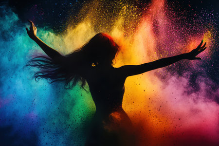 A woman joyfully celebrates, surrounded by colorful powders that swirl around her. Her silhouette stands out against the vibrant colors, creating a lively and energetic atmosphere.の素材