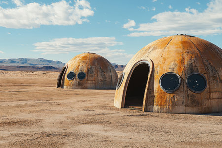 Two large, rounded dome structures made of weathered materials stand alone in a barren desert landscape, surrounded by distant mountains and a bright blue sky.の素材