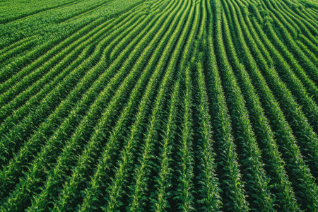 Expansive cornfield stretches across the landscape with neatly arranged rows of vibrant green plants. The sun illuminates the field, highlighting growth during summer months.の素材