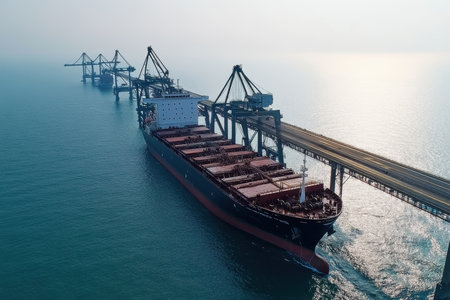 A large cargo ship is stationed at the harbor while container loading cranes efficiently transfer goods. The area is shrouded in a hazy atmosphere, indicating an overcast day.の素材