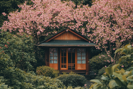 A quaint wooden cabin surrounded by vibrant pink cherry blossoms creates a peaceful retreat. Lush greenery envelops the scene, highlighting the beauty of spring.の素材
