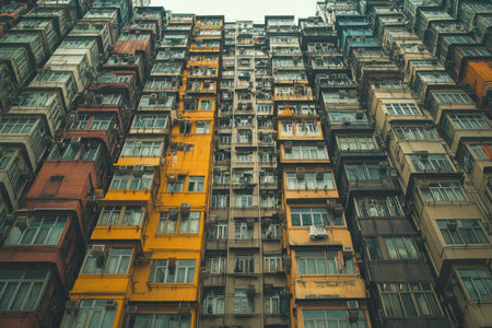 Tall residential buildings with a mix of bright colors and various styles showcase urban living in a crowded neighborhood, illustrating the architectural diversity of city life.の素材