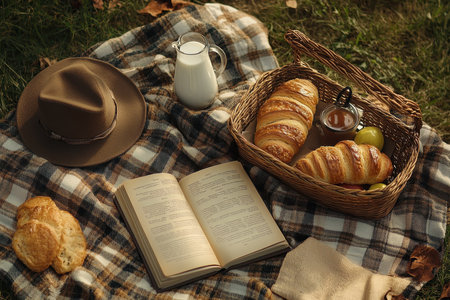 A cozy picnic spread on a blanket includes a basket of fresh pastries, a glass of milk, and an open book. Soft autumn leaves enhance the tranquil atmosphere.の素材
