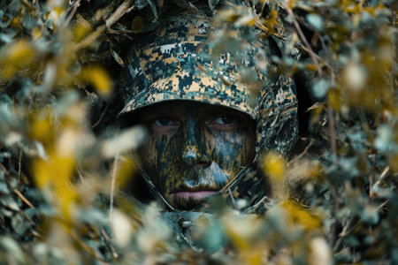 A soldier is hidden within thick foliage, wearing camouflage gear and face paint, as part of tactical training in a dense forest. The focus is on stealth and concealment.の素材