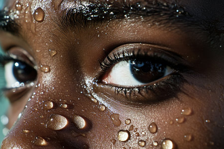 The image captures a close-up of intense eyes adorned with glistening water droplets, showcasing a vibrant glow. Sunshine enhances the skin's texture, creating a striking visual.の素材