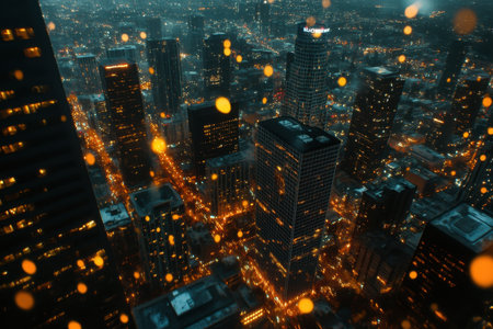 A breathtaking view of a city skyline at night filled with illuminated buildings and bustling streets. The scene captures the lively atmosphere of urban life as lights twinkle.の素材