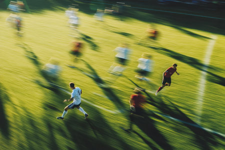 Players sprint across a vibrant green soccer field, fully engaged in a competitive match. The afternoon sun casts long shadows as both teams strive for victory.の素材