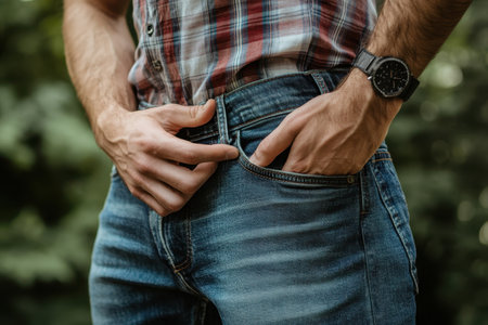 A man dressed in a plaid shirt and blue jeans stands outdoors, placing his hands in the pockets of his jeans. The natural setting creates a relaxed atmosphere.の素材