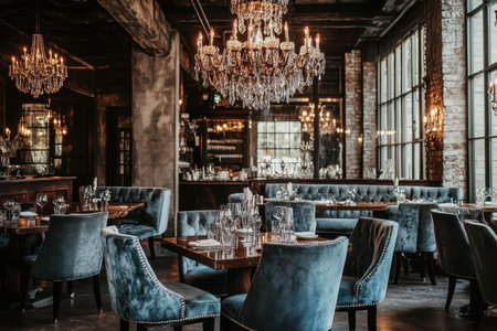 The interior showcases a chic dining space adorned with crystal chandeliers, plush blue chairs, and rustic wooden tables, creating a warm and inviting atmosphere for guests.の素材