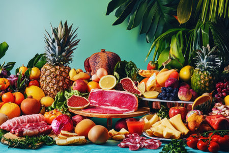 A colorful display features various fruits and cured meats arranged on a table. The backdrop of lush greenery adds freshness to the vibrant setup, showcasing nature's bounty.の素材