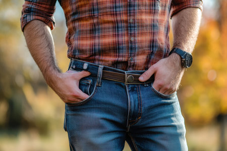 A man stands confidently with hands in pockets wearing a plaid shirt and jeans, surrounded by vibrant autumn foliage, enjoying a sunny day outdoors.の素材