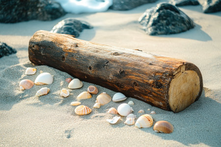An assortment of seashells lies scattered on the soft sand beside a weathered log. The beach features smooth rocks in the background, illuminated by the sun.の素材