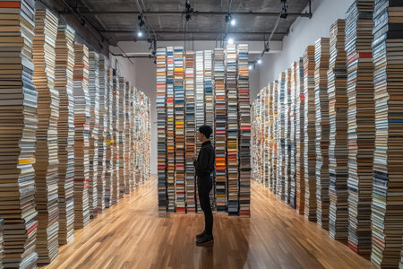 A solitary individual stands amidst towering stacks of books in a contemporary library, creating an inspiring atmosphere for relaxation and exploration, highlighting the beauty of literature.の素材