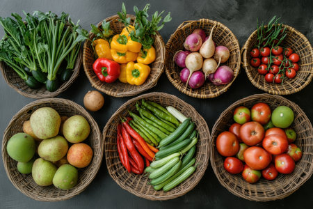 Various fruits and vegetables are arranged in woven baskets on a dark surface. Bright colors include yellow, red, green, and purple, showcasing a healthy assortment.の素材