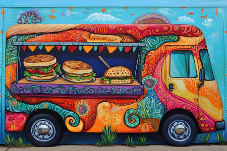 A lively food truck mural displays beautifully crafted sandwiches and burgers, set against a colorful, artistic background filled with swirling patterns and bright colors.の素材