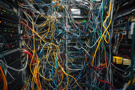 A chaotic array of colorful cables intertwines in a data center, showcasing the complexity of network connections and server management. Various lights flicker on the racks.の素材