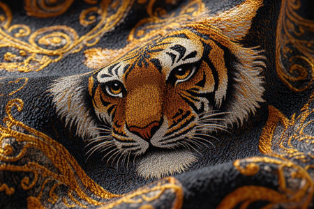 A detailed textile showcases the face of a tiger, intricately woven with gold and black patterns. The artwork highlights the animal's fierce expression and elegant features.の素材