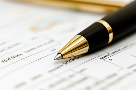 A sleek black pen with gold accents is positioned on top of a detailed document filled with financial data and fields ready for completion, emphasizing professionalism and organization.の素材