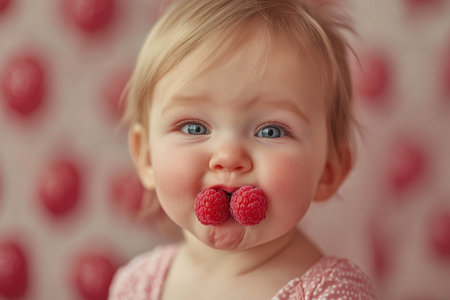 A joyful toddler with blue eyes smiles while holding raspberries in her mouth, set against a colorful background filled with fruit motifs. This moment captures childlike innocence and fun.の素材