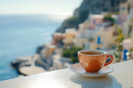 A warm cup of coffee rests on a table overlooking a stunning coastal landscape, featuring vibrant buildings along the shoreline under clear blue skies.の素材