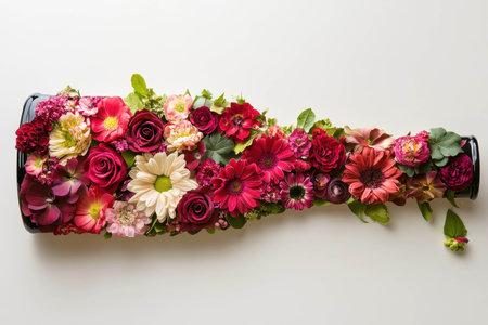 An artistic display of various fresh flowers, including roses and daisies, beautifully arranged in a black vase on a clean white background, showcasing bold colors and textures.の素材