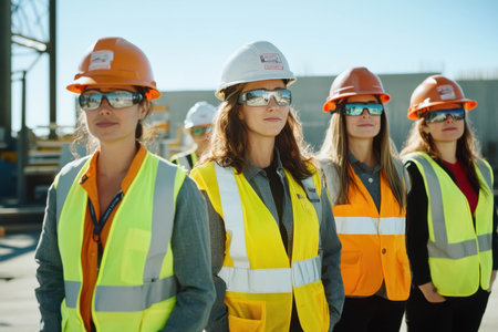 A group of women dressed in bright safety vests and hard hats stand together at a construction site, showcasing their commitment to careers in construction and engineering.の素材